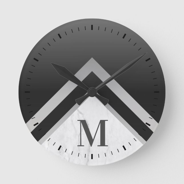 Monogrammed Black Silver Chevron Marble Round Clock (Front)
