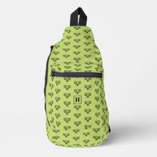 Monogrammed Black Tennis Racket Pattern Sling Bag