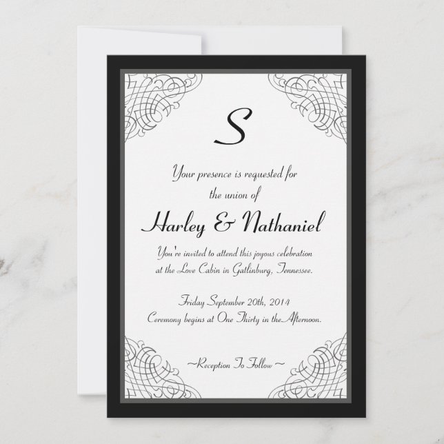 Monogrammed Black Vintage Framed Invitation (Front)