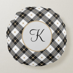 Monogrammed Black White and Gold Plaid Round Pillo Cushion