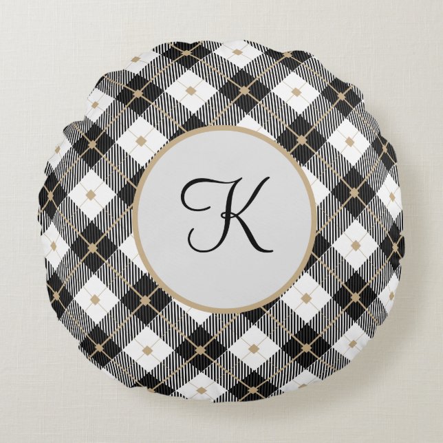 Monogrammed Black White and Gold Plaid Round Pillo Round Cushion (Front)