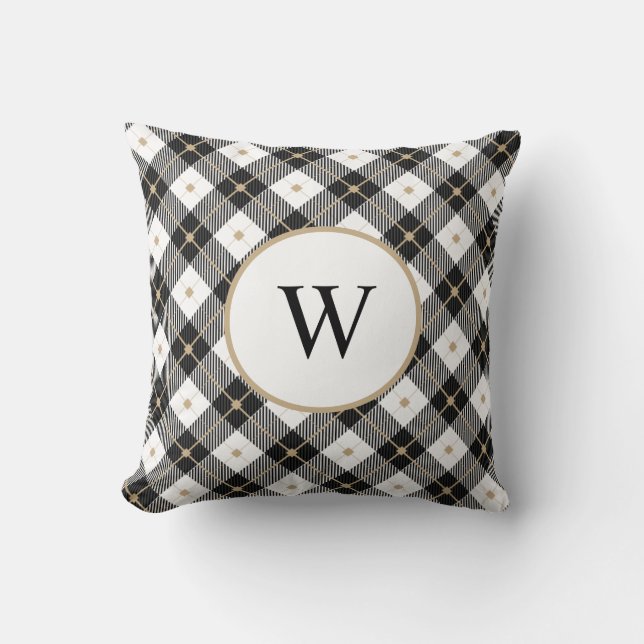Monogrammed Black White and Gold Plaid Throw Pillo Cushion (Front)