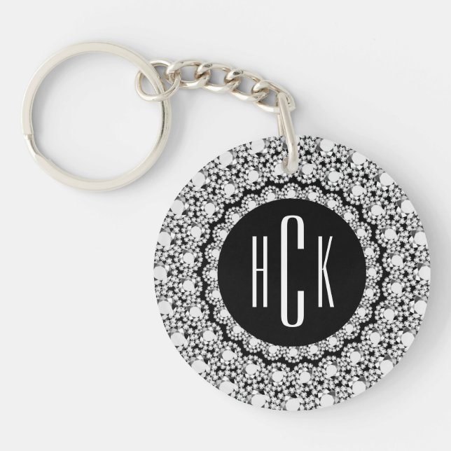 Monogrammed Black & White Diamonds Print Key Ring (Front)