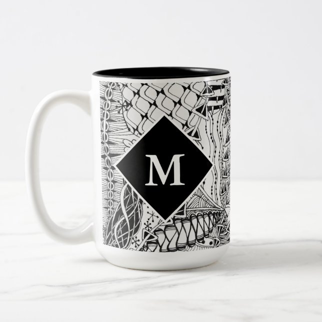 Monogrammed Black & White Doodle Pattern Art ZIA Two-Tone Coffee Mug (Left)