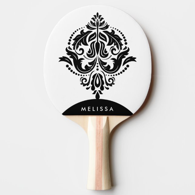 Monogrammed Black & White Floral ornament Ping Pong Paddle (Back)