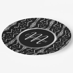 Monogrammed Black & White Geometric Triangles Paper Plate