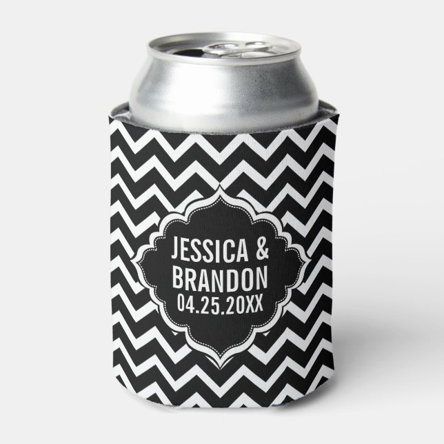 Monogrammed Black & White Geometric Zigzag Chevron Can Cooler (Can Front)