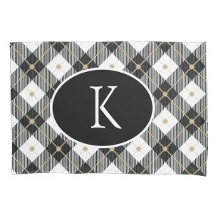 Monogrammed Black White Gold Buffalo Plaid Pillowcase