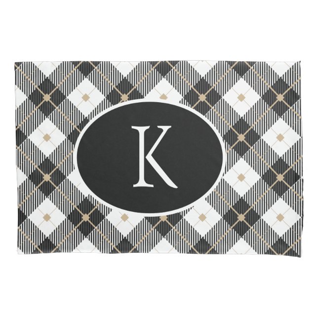 Monogrammed Black White Gold Buffalo Plaid Pillowcase (Front)