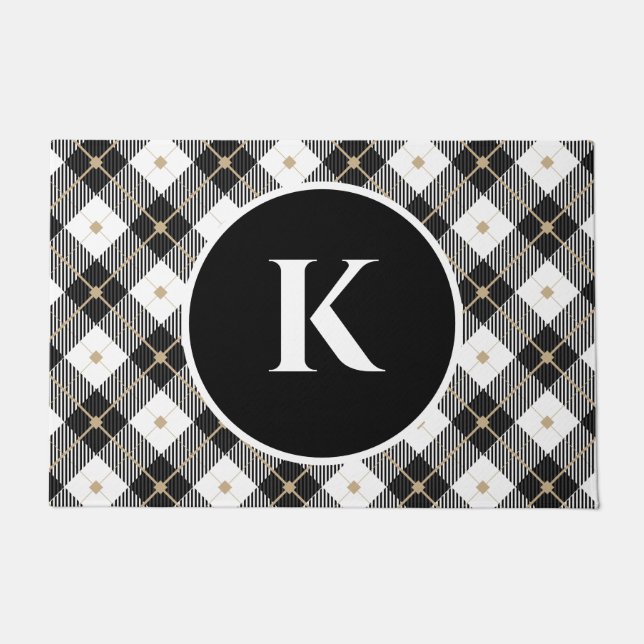 Monogrammed Black White Gold Plaid Doormat (Front)