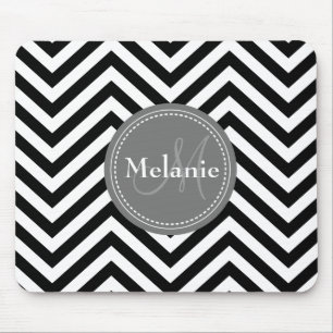 Monogrammed Black White Grey Chevron Quatrefoil Mouse Mat