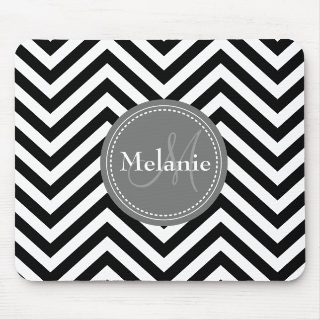 Monogrammed Black White Grey Chevron Quatrefoil Mouse Mat (Front)