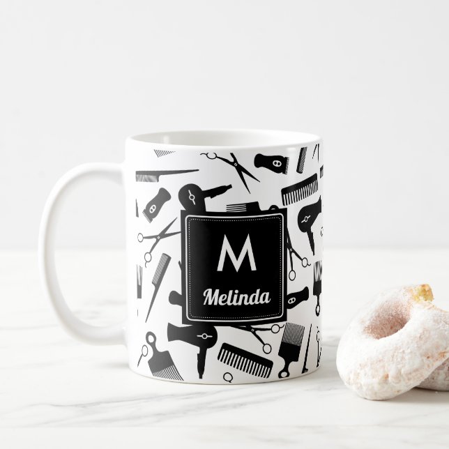 Monogrammed Black White Hair Tool Pattern Coffee Mug (With Donut)
