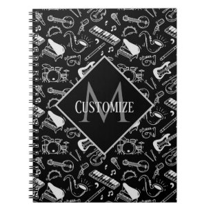 Monogrammed Black & White Instruments Pattern Notebook
