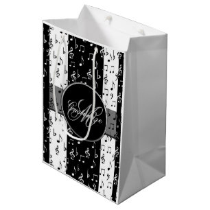 Monogrammed Black & White Musical Stripes  2 Medium Gift Bag