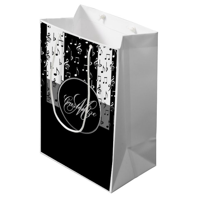 Monogrammed Black & White Musical Stripes 3 Medium Gift Bag (Front Angled)
