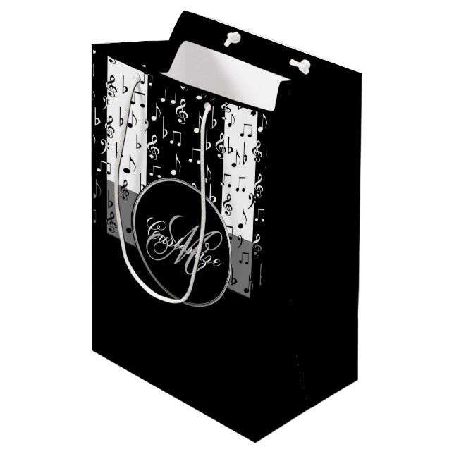 Monogrammed Black & White Musical Stripes 4 Medium Gift Bag (Front Angled)