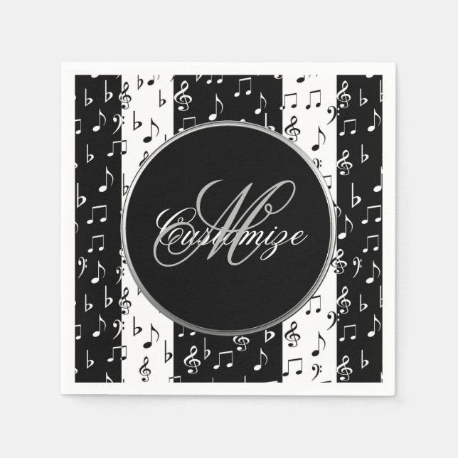 Monogrammed Black & White Musical Stripes Napkin (Front)