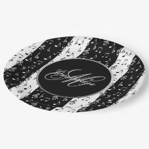 Monogrammed Black & White Musical Stripes Paper Plate