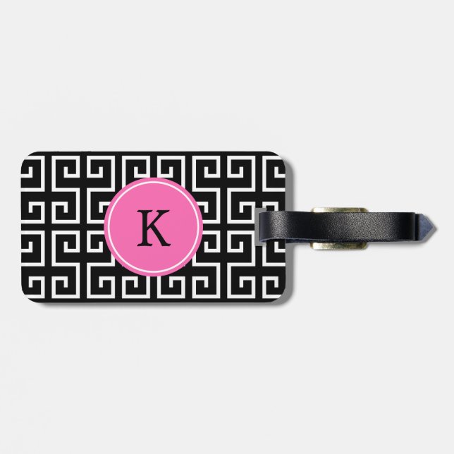 Monogrammed Black, White, Pink Geometric Pattern Luggage Tag (Back Horizontal)