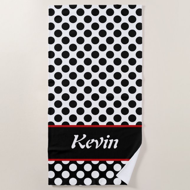 Monogrammed Black & White Polka Dot Beach Towel (Front)