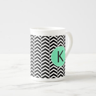 Monogrammed Black, White Sea Foam Chevron Pattern Bone China Mug