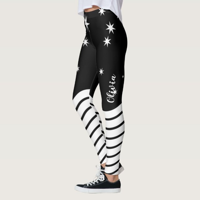 Monogrammed Black White Stars Stripes Graphic Leggings (Left)