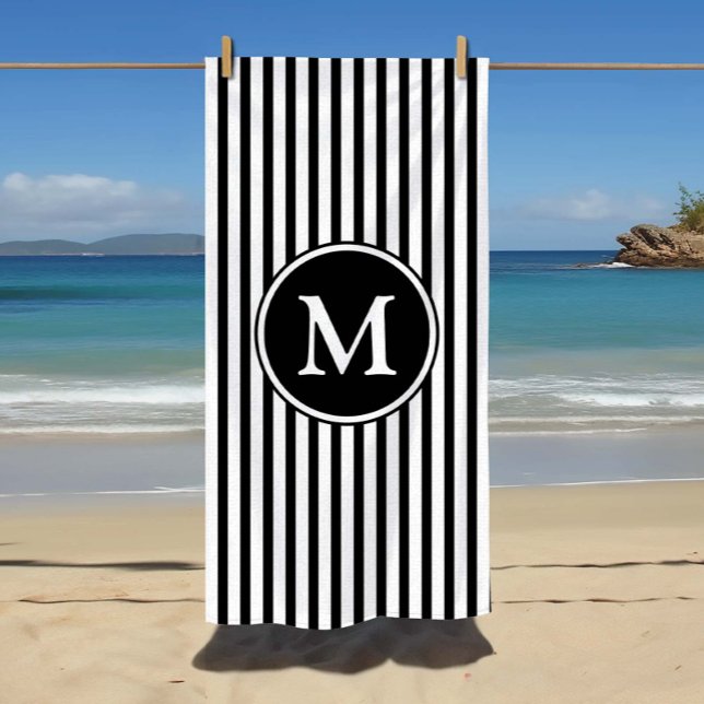 Monogrammed Black & White Stripes Beach Towel (Monogrammed Black & White Stripes Beach Towel)