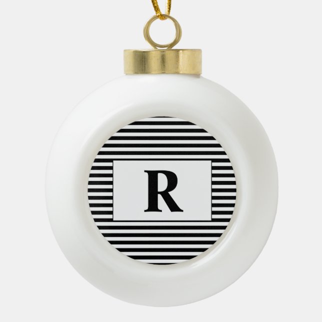 Monogrammed Black/White Stripes Ceramic Ball Christmas Ornament (Front)