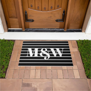 Monogrammed black white stripes custom initials  doormat
