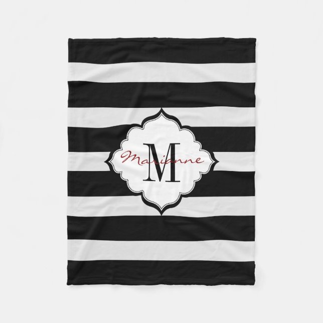 Monogrammed Black & White Stripes  Fleece Blanket (Front)