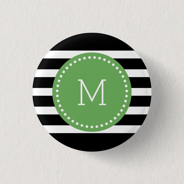 Monogrammed Black & White Stripes & Green Accent 3 Cm Round Badge (Front)