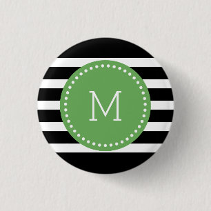 Monogrammed Black & White Stripes & Green Accent 3 Cm Round Badge