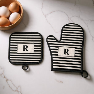 Monogrammed Black/White Stripes Oven Mitt & Pot Holder Set
