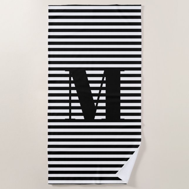 Monogrammed  black white stripes pattern custom beach towel (Front)