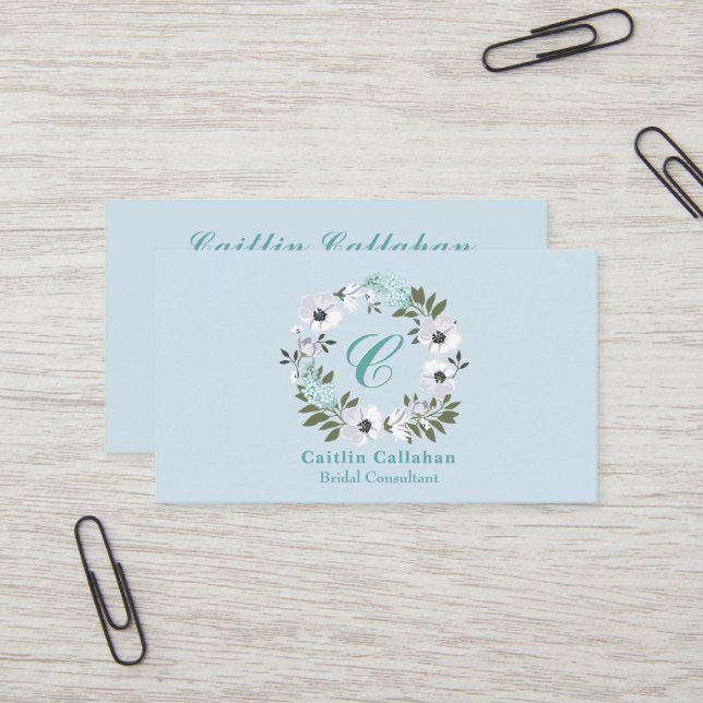 Monogrammed Black, White & Teal Floral Design Business Card (Front/Back In Situ)