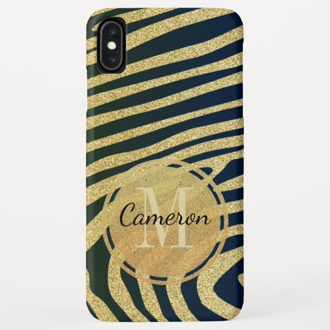 Monogrammed Black Zebra-Skin Stripes On Gold  Case-Mate iPhone Case (Back)