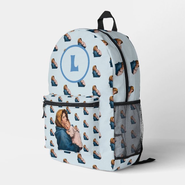 Monogrammed Blessed Virgin Mary Blue Diaper Bag (Back Corner Right)