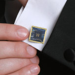 Monogrammed Blue Agate Gold Square Gold Finish Cufflinks<br><div class="desc">These elegant cufflinks feature a blue watercolor agate geode design with gold faux glitter highlights. Personalise them with his monogram initial in gold-coloured text on a dark blue square.They coordinate with our blue and gold agate wedding suite. Also available in round shape. They make great gifts for your groomsmen!</div>