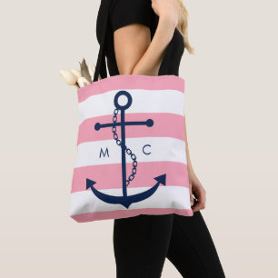 Monogrammed Blue Anchor on Pink Stripes Tote Bag