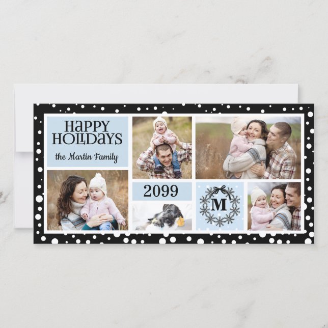 Monogrammed Blue and Black Snowflake Holiday Card (Front)