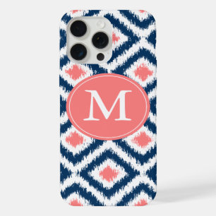 Monogrammed Blue and Coral Diamonds Ikat Pattern iPhone 15 Pro Max Case