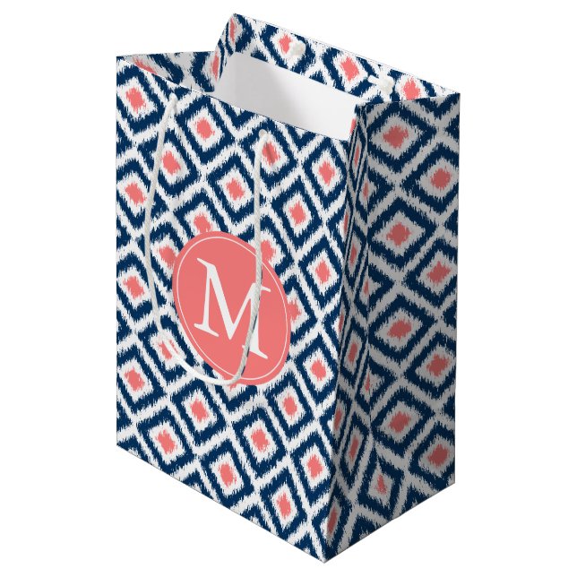 Monogrammed Blue and Coral Diamonds Ikat Pattern Medium Gift Bag (Front Angled)