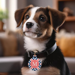 Monogrammed Blue and Coral Ikat Diamonds Pattern Pet Tag
