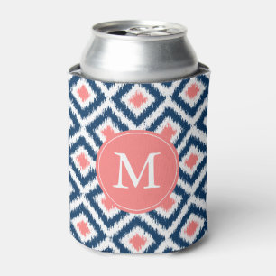 Monogrammed Blue and Coral Ikat Pattern Can Cooler