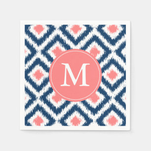 Monogrammed Blue and Coral Ikat Pattern Napkin