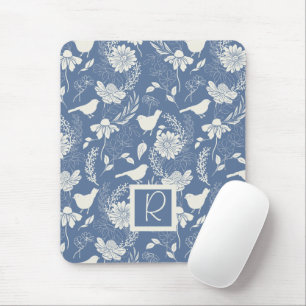 Monogrammed  Blue and Cream Birds and Blossoms Mouse Mat
