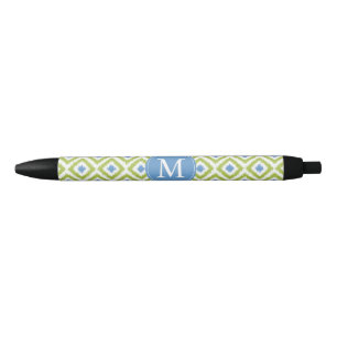Monogrammed Blue and Green Diamonds Ikat Pattern Black Ink Pen