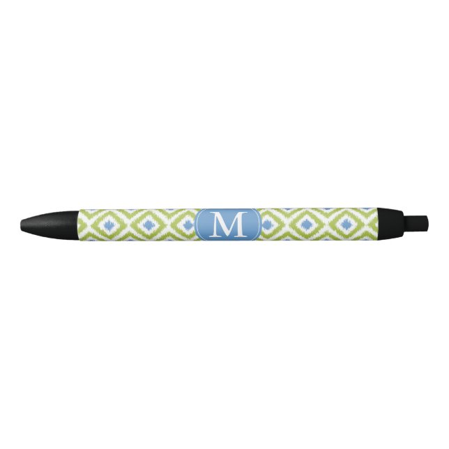 Monogrammed Blue and Green Diamonds Ikat Pattern Black Ink Pen (Front)