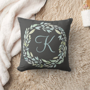 Monogrammed Blue and Green Grey Floral Wreath Cushion